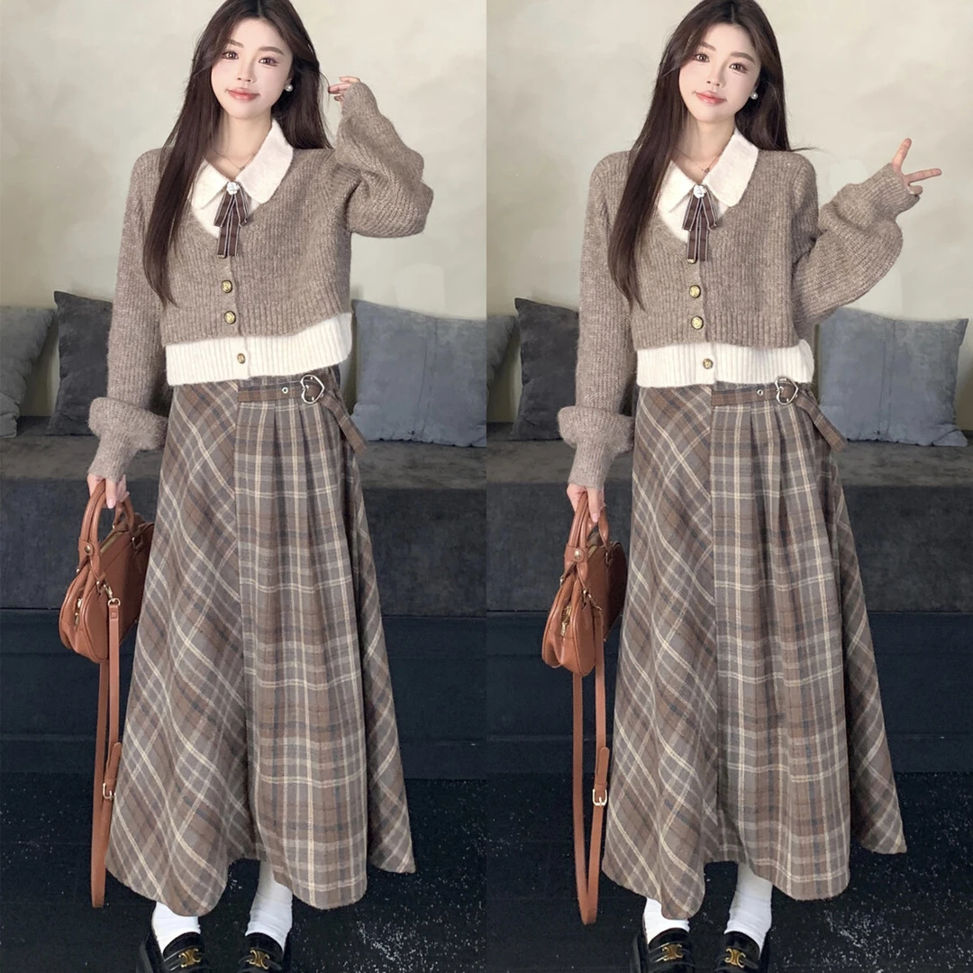 大码胖mm学院风宽松休闲显瘦Polo领针织毛衣+温柔格纹百搭半身裙