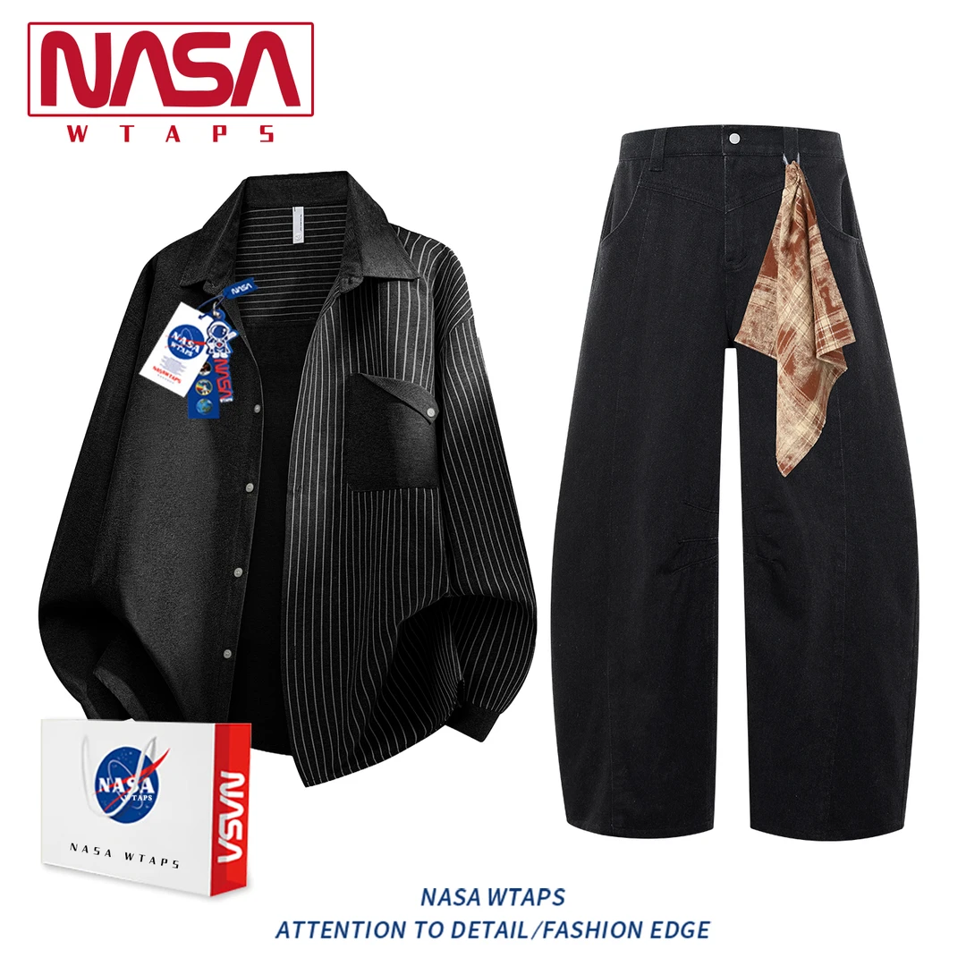NASA WTAPS条纹设计感长袖衬衫套装男款春秋季爆款休闲运动两件套