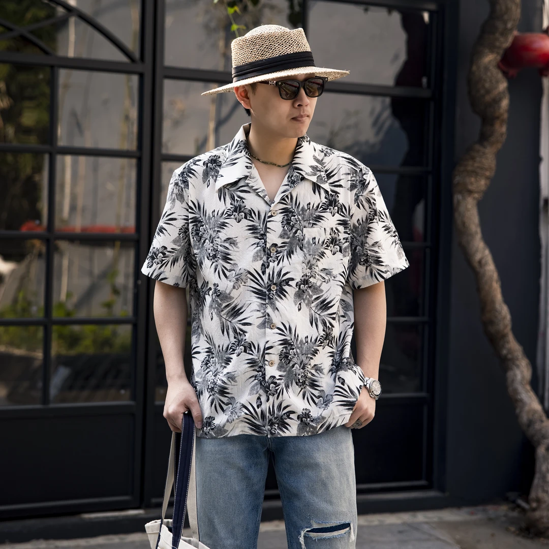 红风 男士短袖衬衫美式复古提花夏威夷衬衫古巴领宽松花衬衣aloha