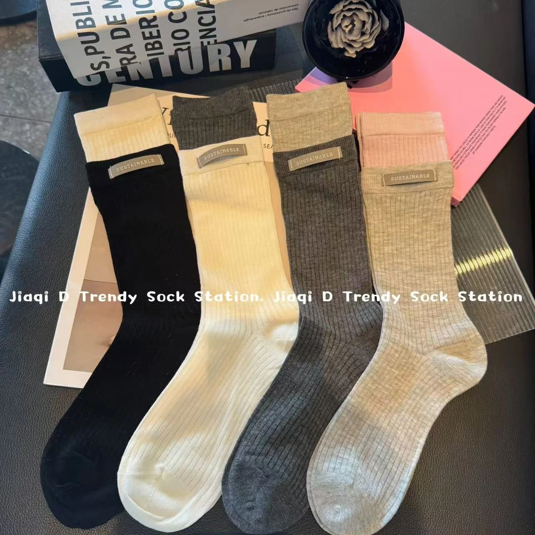 韩版春夏薄款双螺口撞色堆堆袜字母布标袜子女中筒休闲潮袜