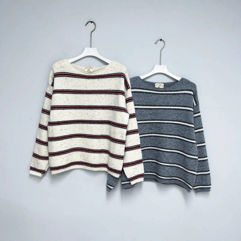 118女士春款毛衣 时尚休闲韩版圆领条纹套头拼色