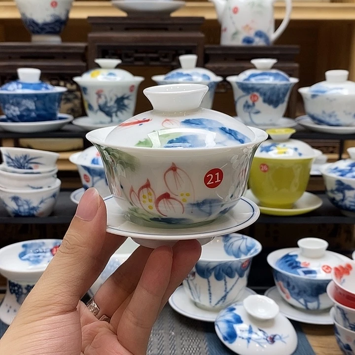 手绘五彩荷花150盖碗釉下彩高温瓷微瑕福利款