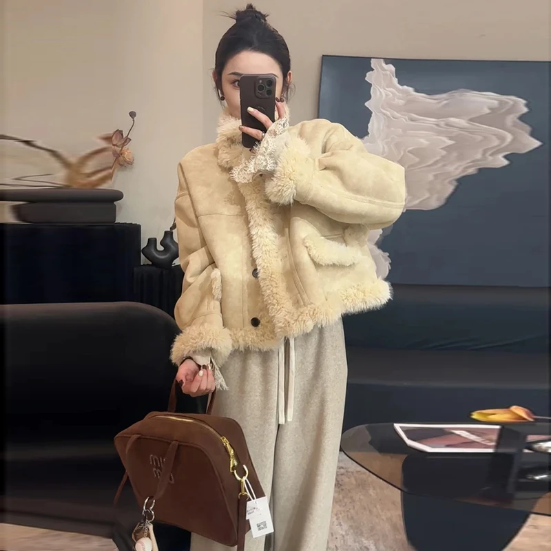 【运补8-10】9421冬装时尚休闲小个子羊羔毛短款上衣皮毛一体外套