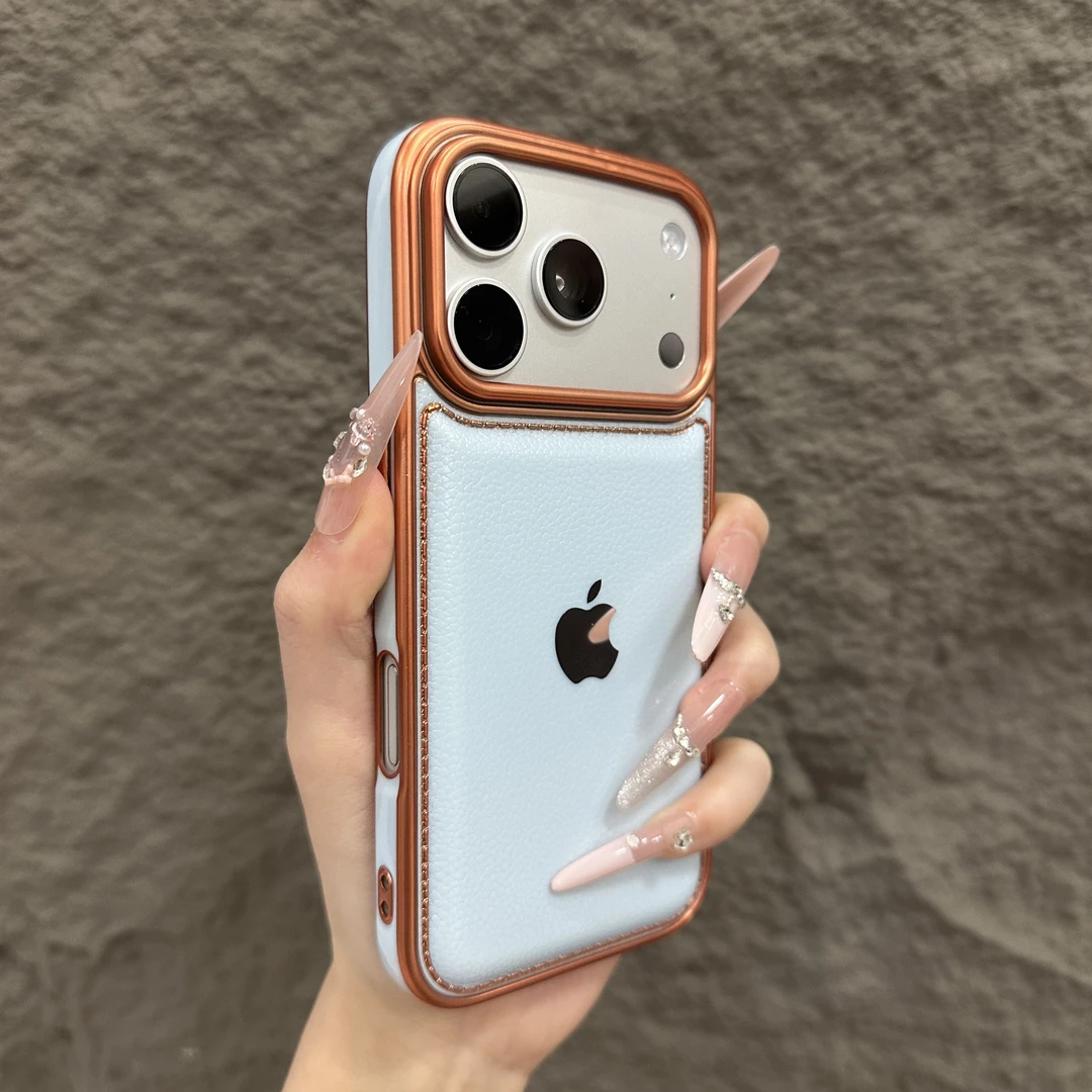 新款简约电镀纯色皮纹适用苹果17proMax手机壳iPhone16防摔15男女