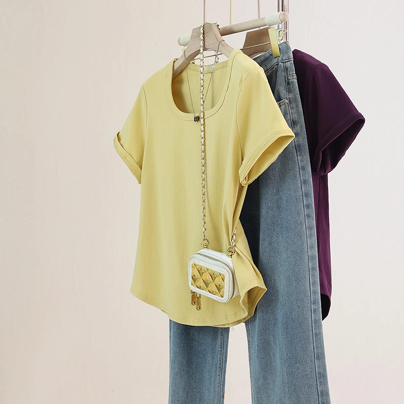 夏季新款宽松短袖t恤女时尚U领弧形下摆纯色半袖上衣百搭休闲女装