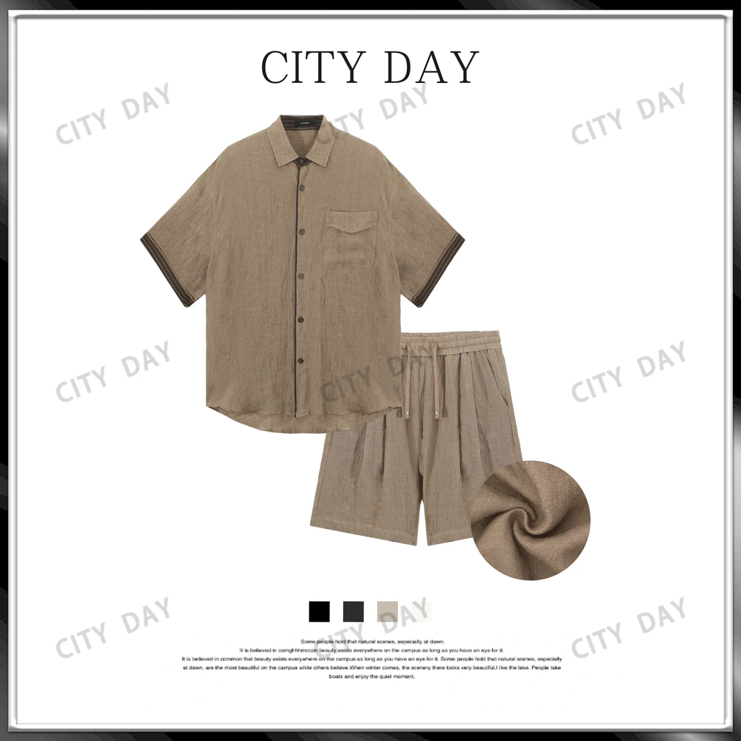 CityDay【楠哥】暮海织语 100亚麻 雾面砂洗加捻皱感微阔套装 6986