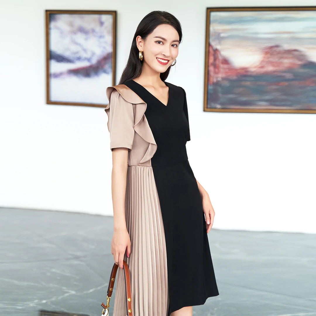 歌蒂诗夏季专柜新款时尚撞色小众设计荷叶边连衣裙 1D14L1034