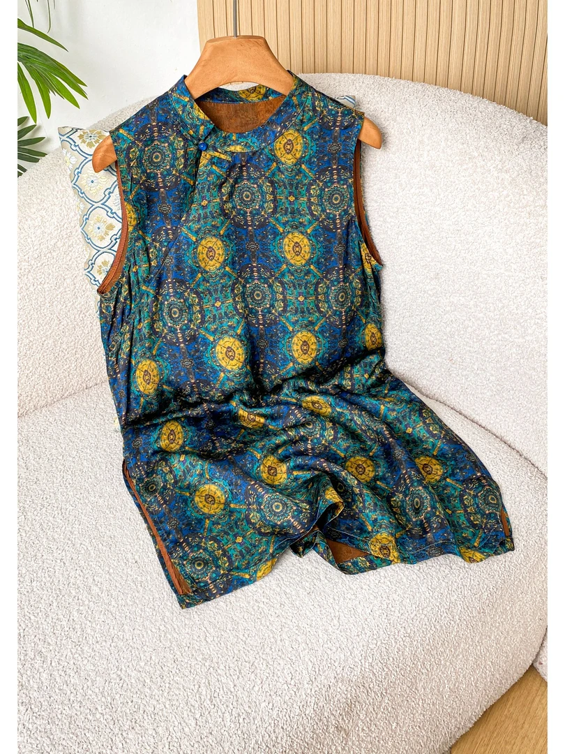 146 新中式国风八达晕孔雀蓝奥黛复古时尚百搭长款上衣女