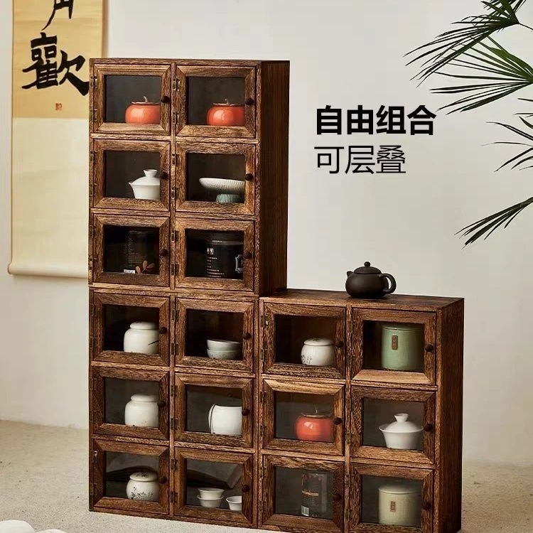 实木茶具收纳柜开门式紫砂壶多宝阁博古架茶壶茶杯架置物架陈列架