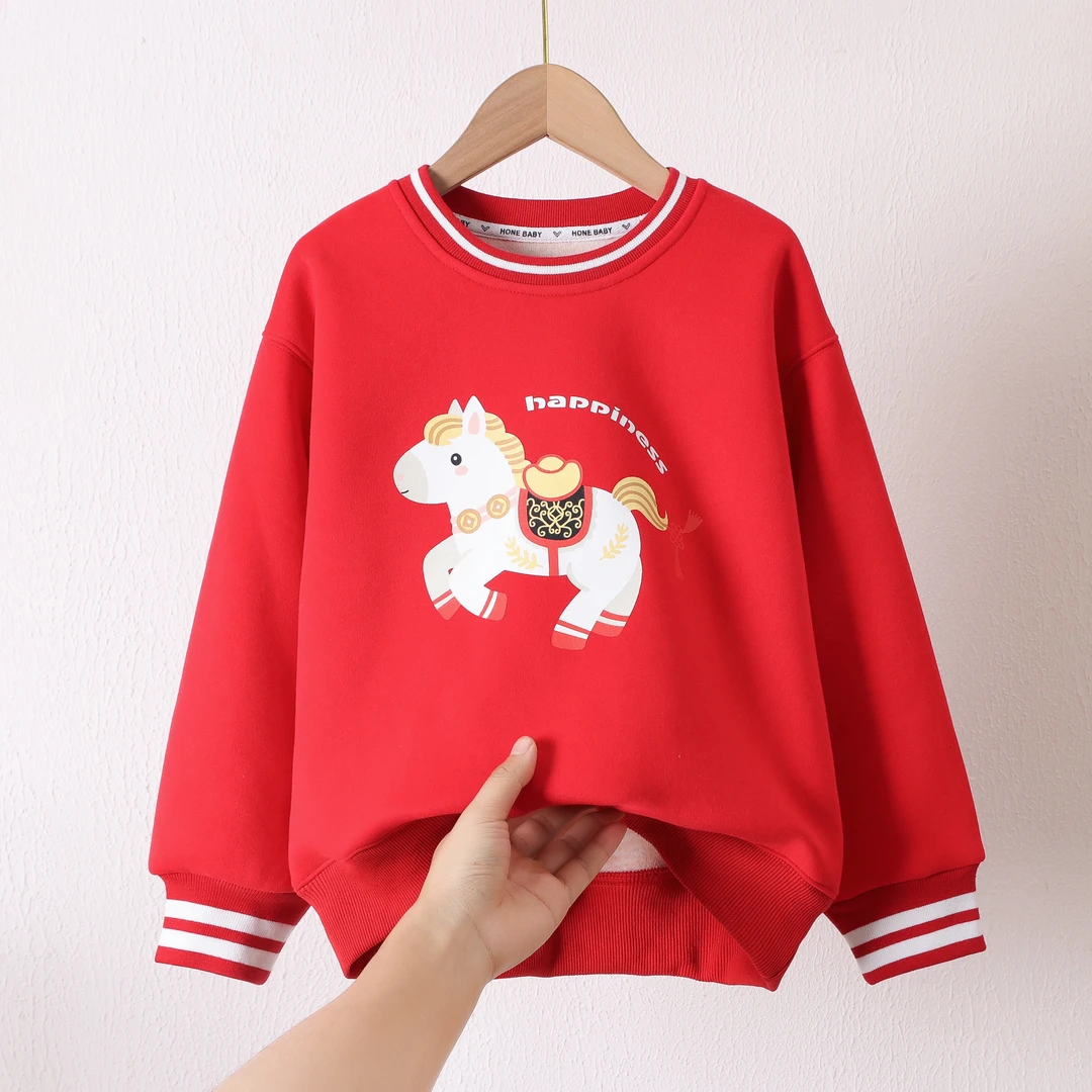 喜庆拜年服冬款蚕丝羊毛保暖加绒卫衣童装新款国风红色圆领上衣潮