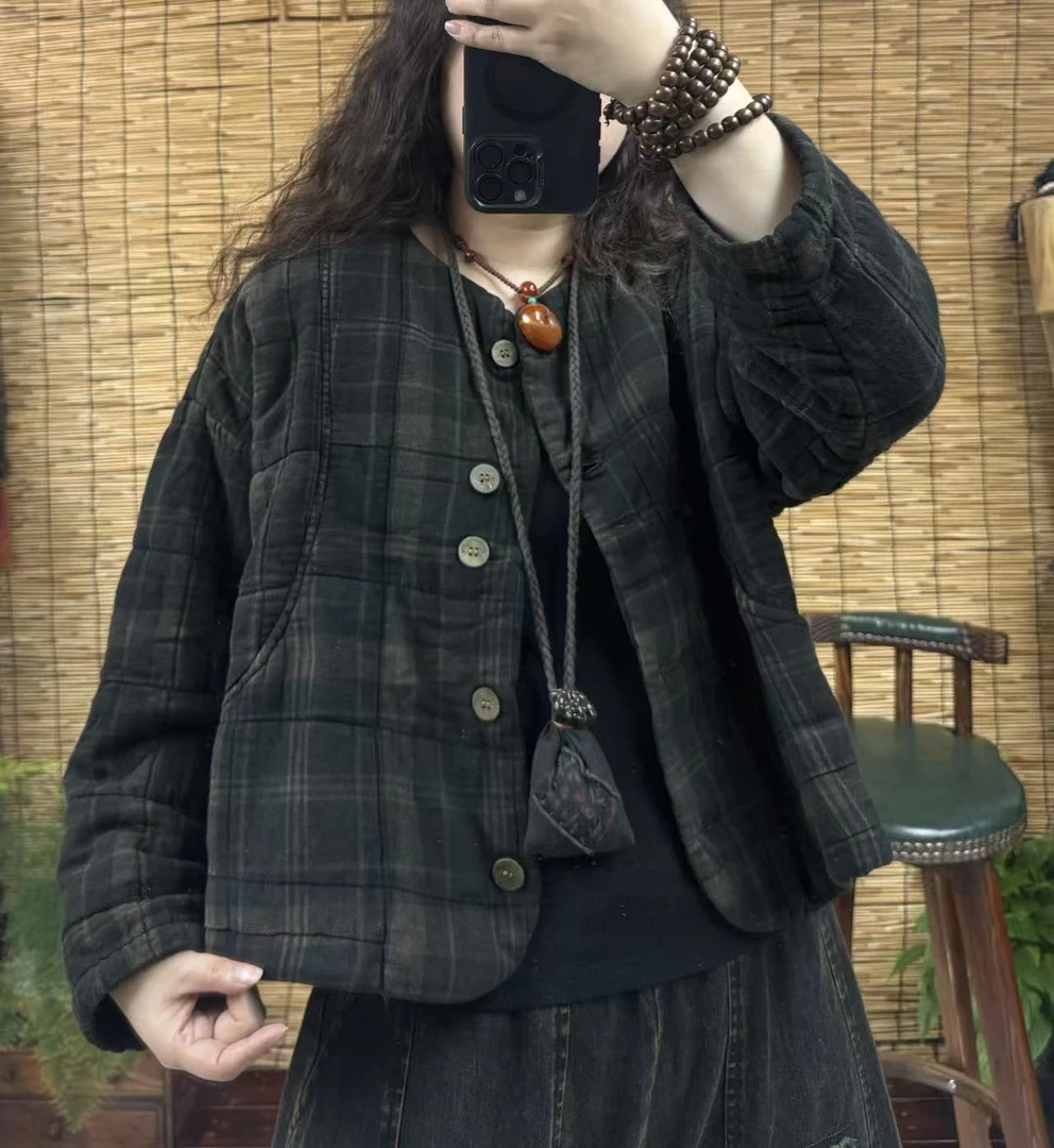 2520加棉圆领格子外套（长58左右，90-160斤）