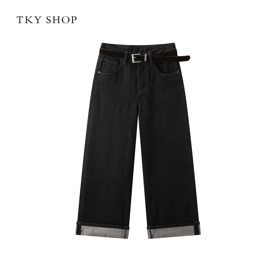 TKYSHOP【配皮带】复古黑色直筒牛仔裤气质休闲阔腿裤 10H1OA00D383