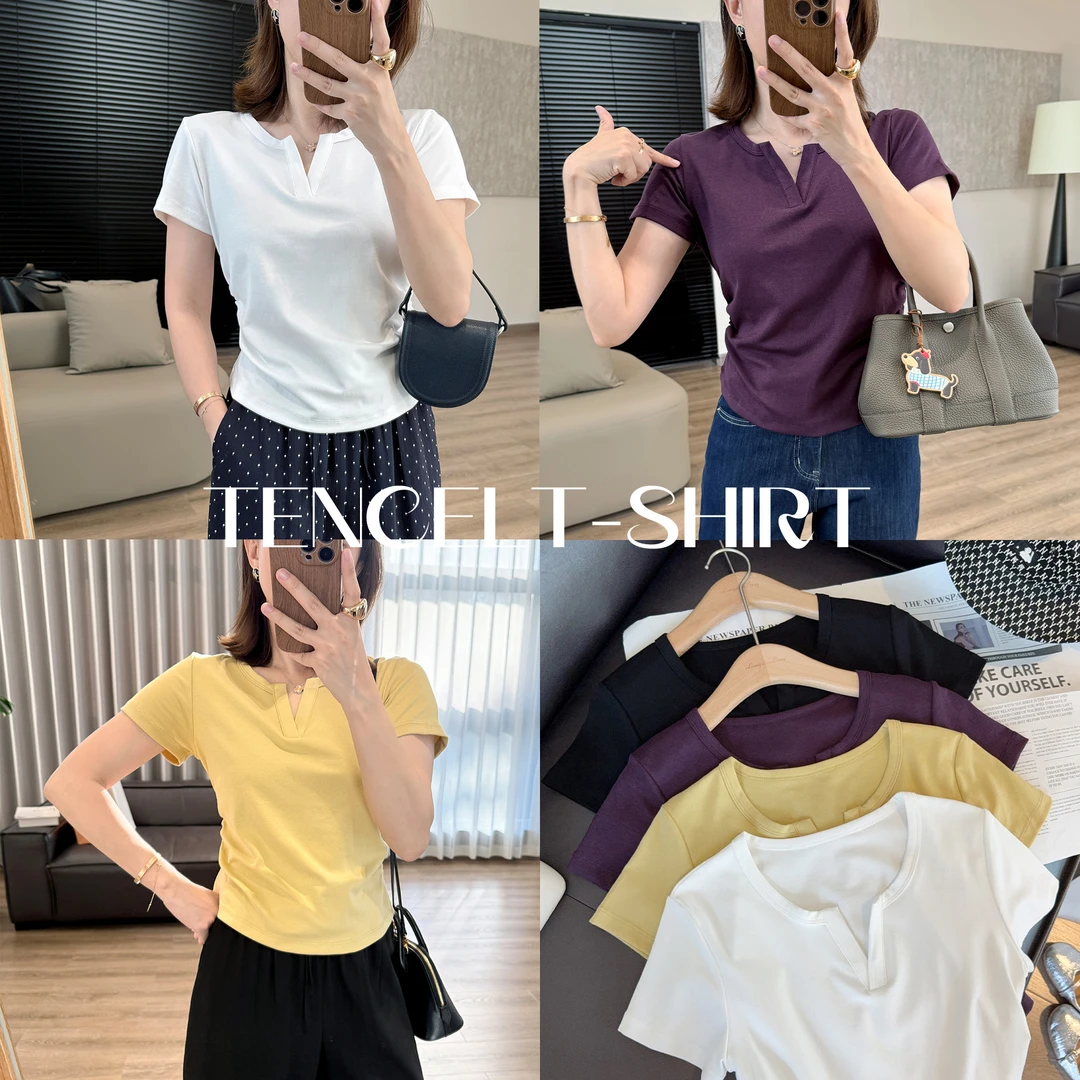 靓小靓【实穿优型小T】剪刀领开口正肩短款短袖褶皱收腰显瘦上衣夏