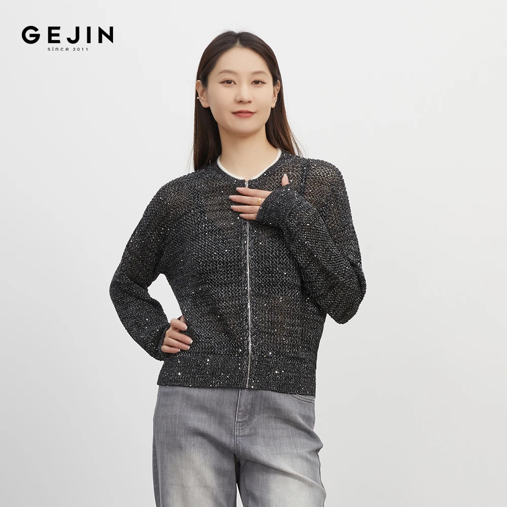 GEJIN/早秋新款镂空珠片设计休闲时尚百搭针织外套9312562316