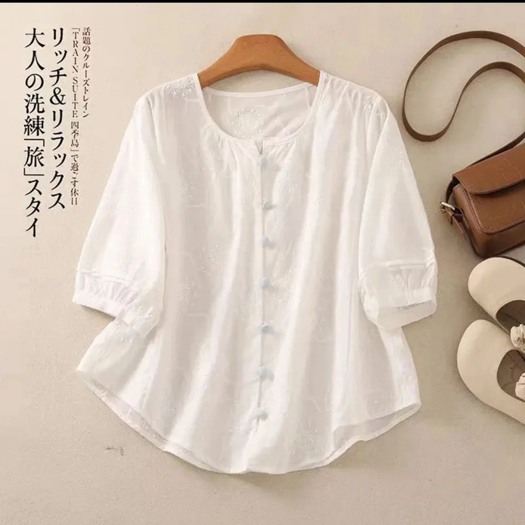 纯棉绣花夏季小众百搭圆领白色七分袖衬衫上衣设计感刺绣薄款