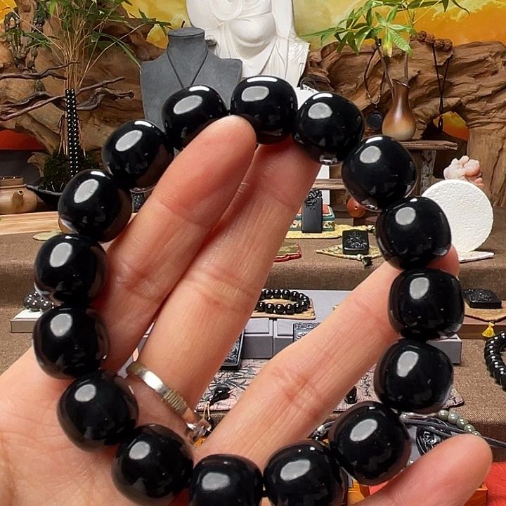 和田玉（墨玉）未镶嵌手串青花墨卡14老型包容