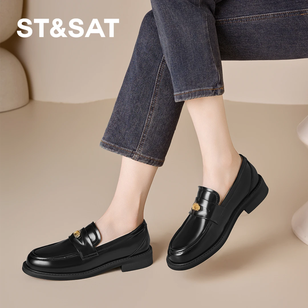 星期六新款时尚百搭一脚蹬平底休闲乐福鞋上班族黑色小皮鞋商务风