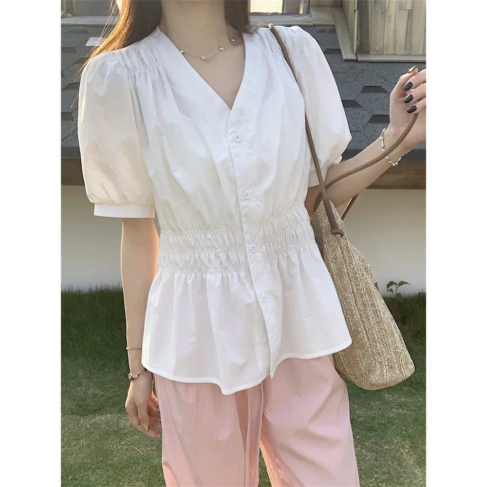 大码法式短袖衬衫女夏季高级感衬衣遮肉显瘦收腰上衣-QGQY5560