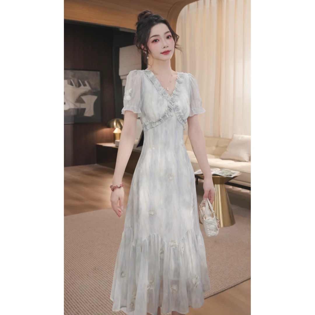 WWR 米粒-【海洋之恋】-新款气质显瘦法式茶百搭连衣裙-54891F