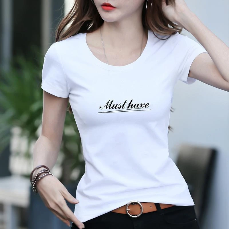 夏季新款韩版短袖恤女修身显瘦百搭白色字母印花圆领打底衫