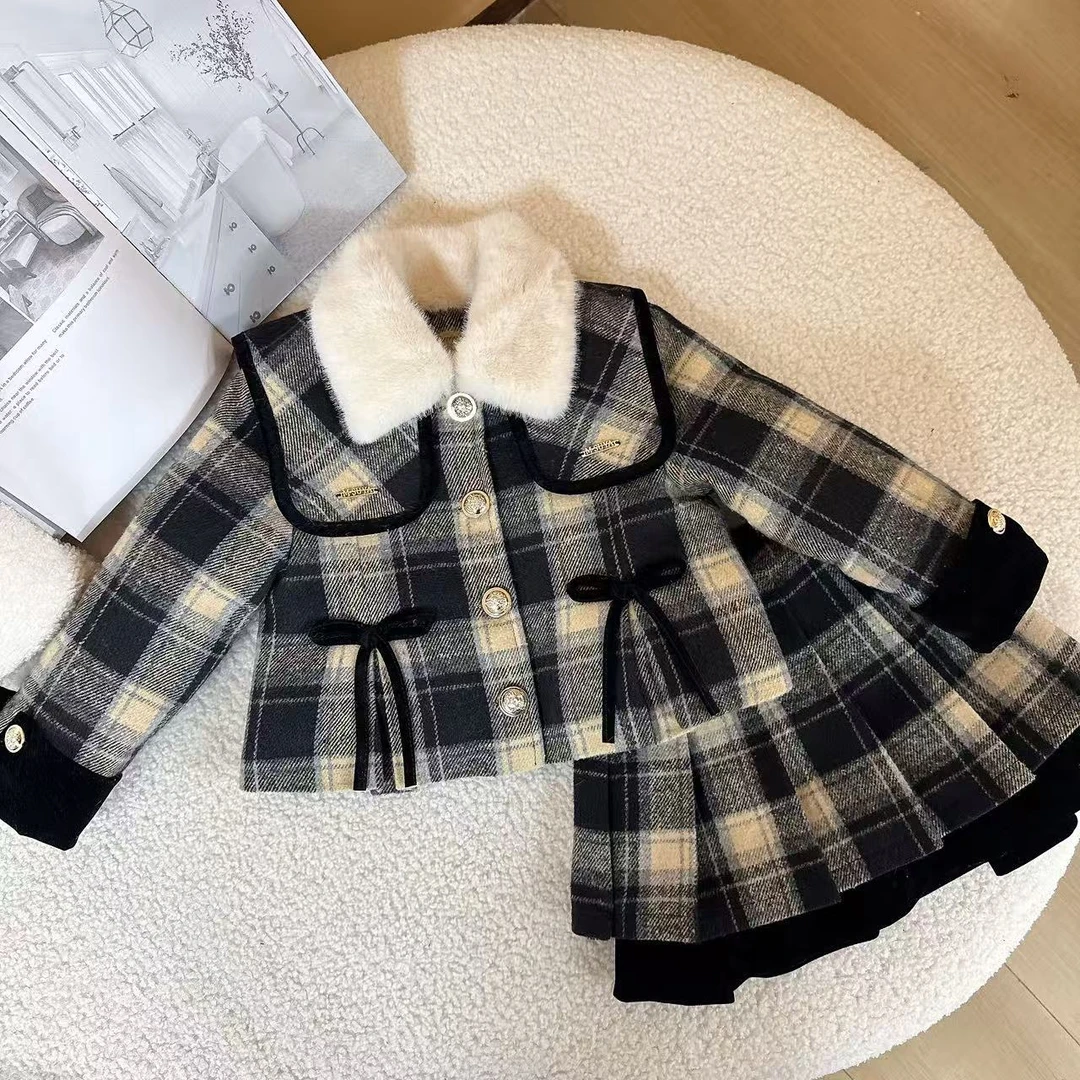 女童学院风套装2025秋冬季小女孩加厚格子上衣百褶裙套装