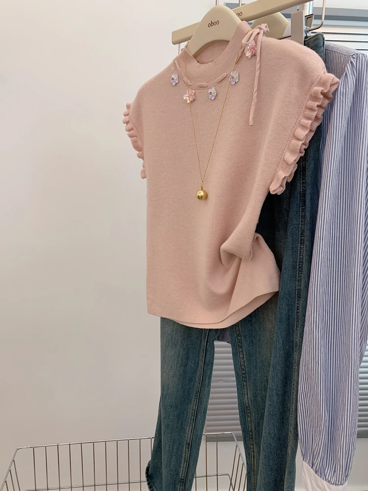 粉色正肩修身短款上衣半高领针织短袖女t恤内搭打底衫设计感小众