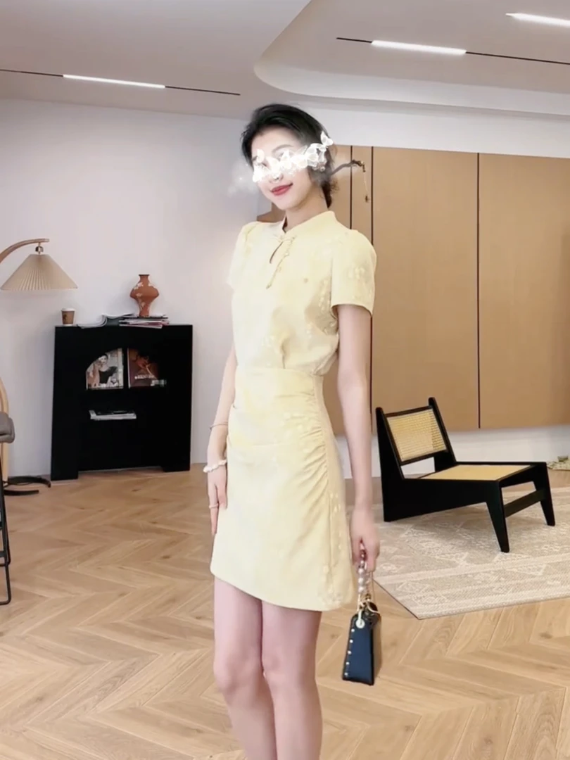 大码女装新中式改良旗袍裙夏季新款微胖mm显瘦掐腰a字短袖连衣裙