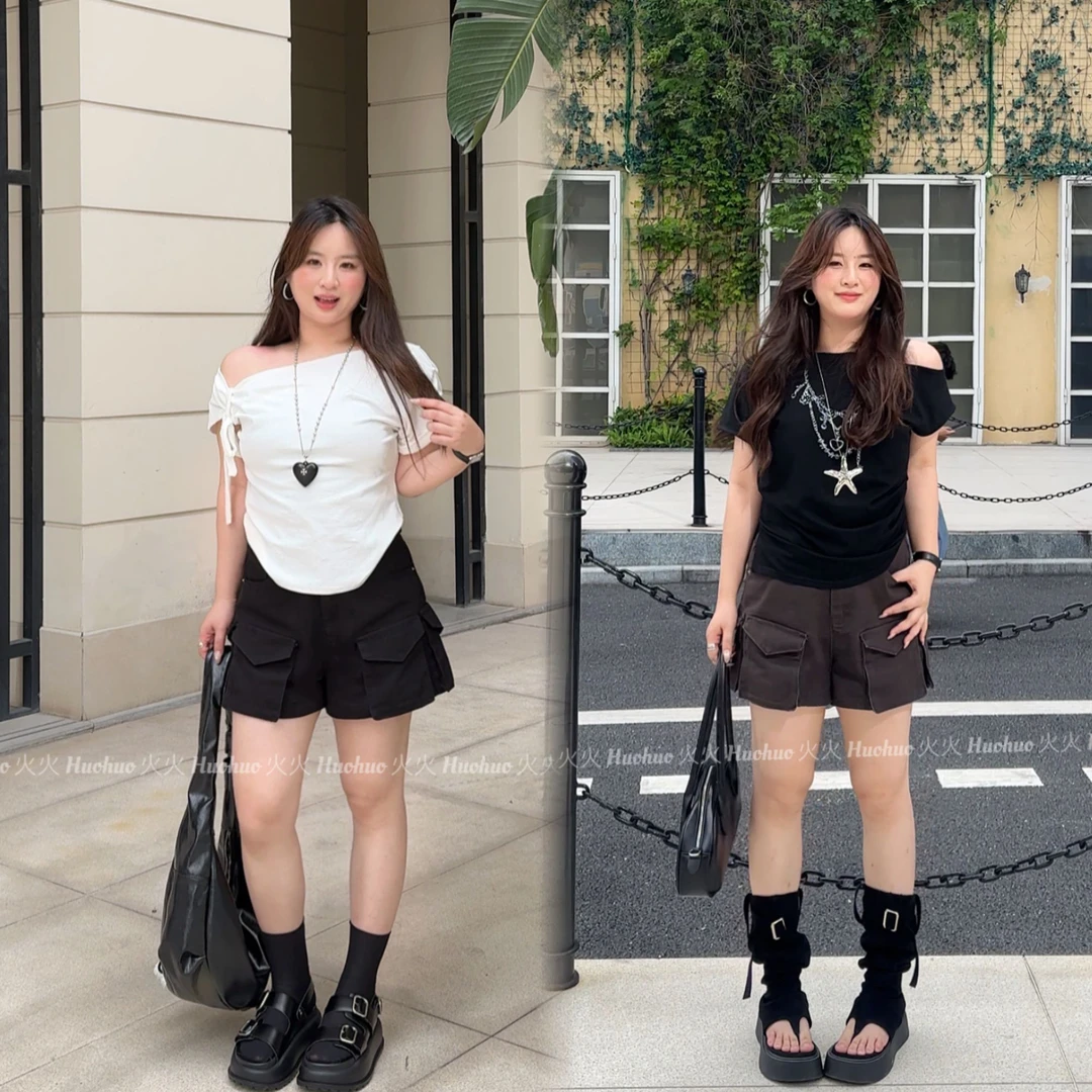 【火火】美式复古做旧纯色辣妹工装高腰显瘦两口袋百搭通勤超短裤女