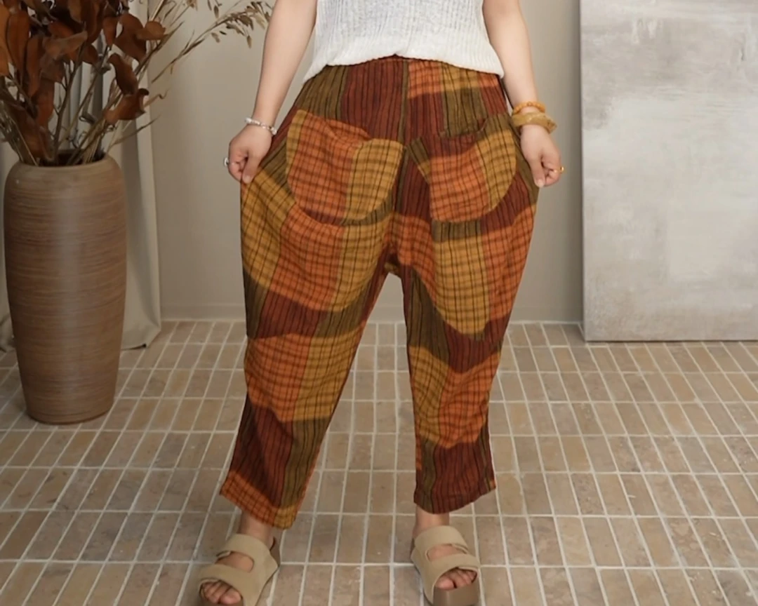 复古格子九分哈伦裤女 夏季新款松紧腰宽松遮肉个性棉麻休闲裤子