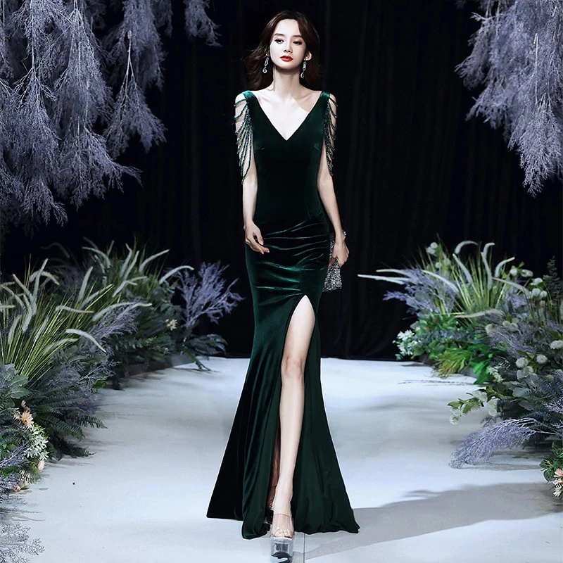 墨绿色晚礼服女高级感丝绒轻奢小众高端气质名媛主持人性感鱼尾裙