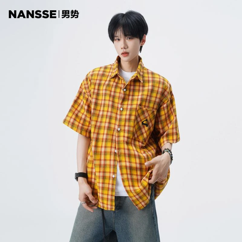 多巴胺黄色格子短袖衬衫男2025夏季新款美式高街潮牌痞帅衬衣外套