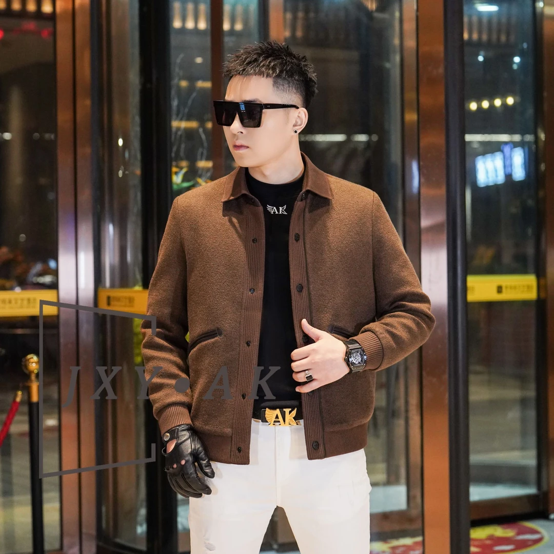 AK/2025冬季新款男士针织翻领羊毛混纺外套纯色百搭保暖鸭绒夹克