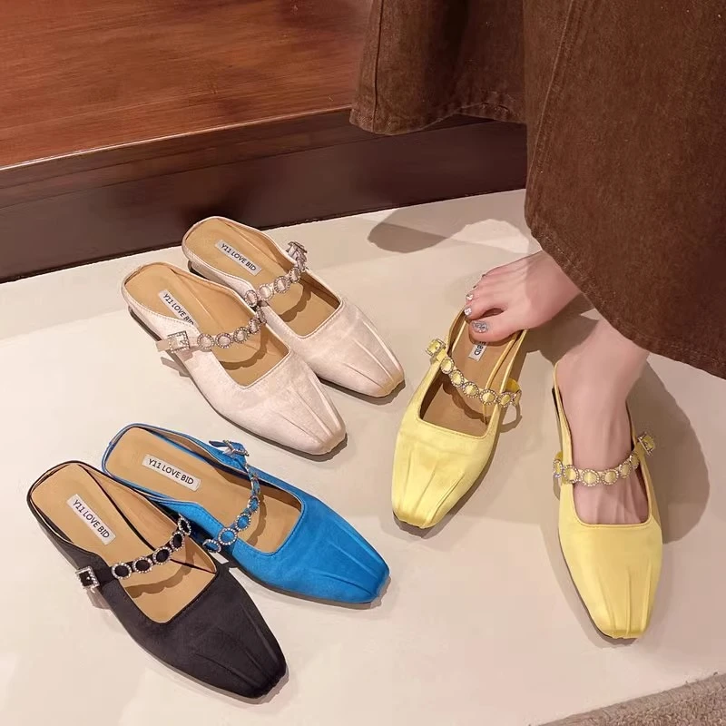 法式水钻包头半拖鞋女夏外穿2025新款一字带方头粗跟玛丽珍凉拖鞋