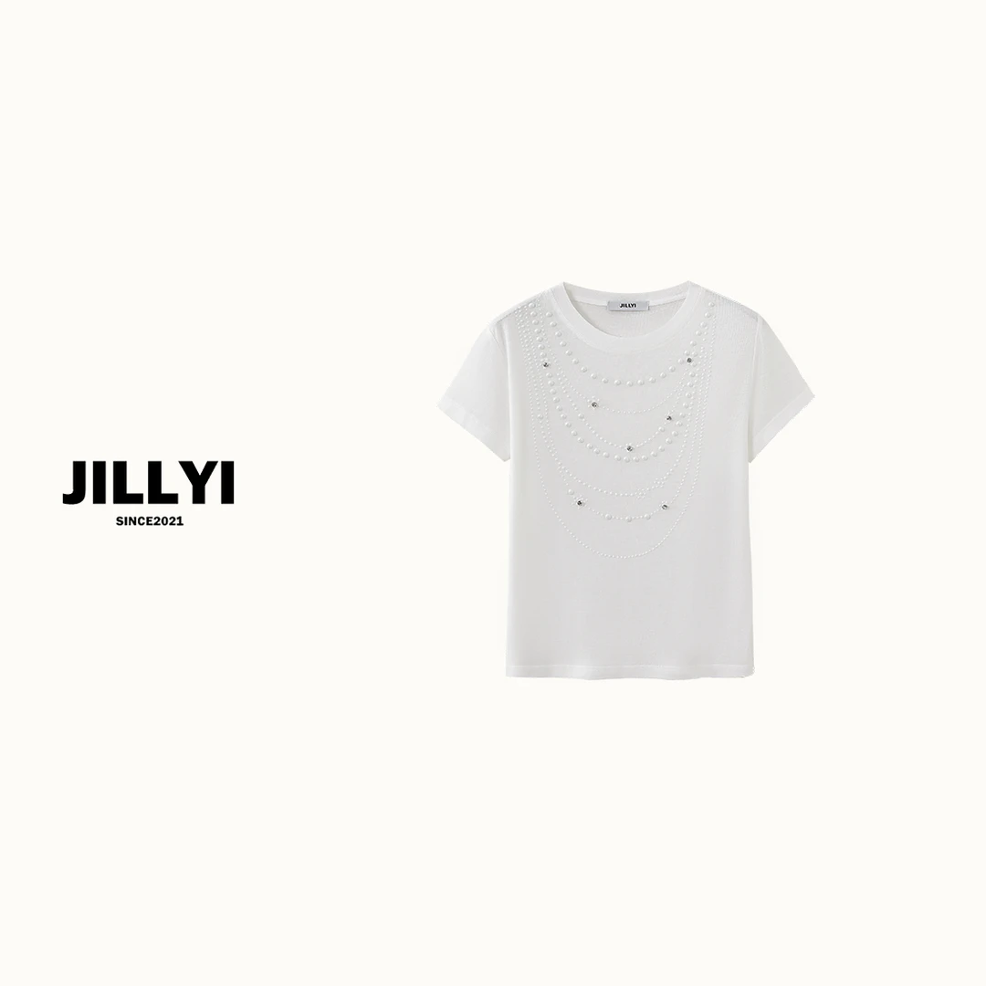 JILLYI【珍珠日记】白色圆领立体工艺简约时尚T恤