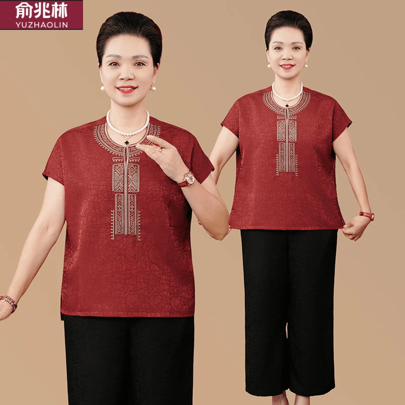 夏季新中式时尚无袖印花两件套中老年女装妈妈装加肥加大国风套装