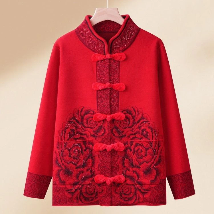 中老年毛衣女装妈妈加厚外套上衣春秋新款喜婆婆冬装2024洋气婚