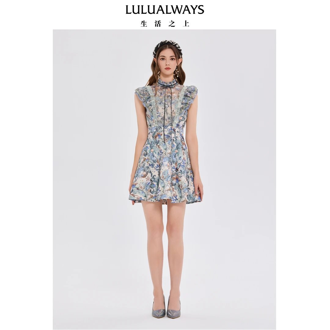 LULUALWAYS25夏季新款风立领蕾丝花边收腰连衣裙小个子
