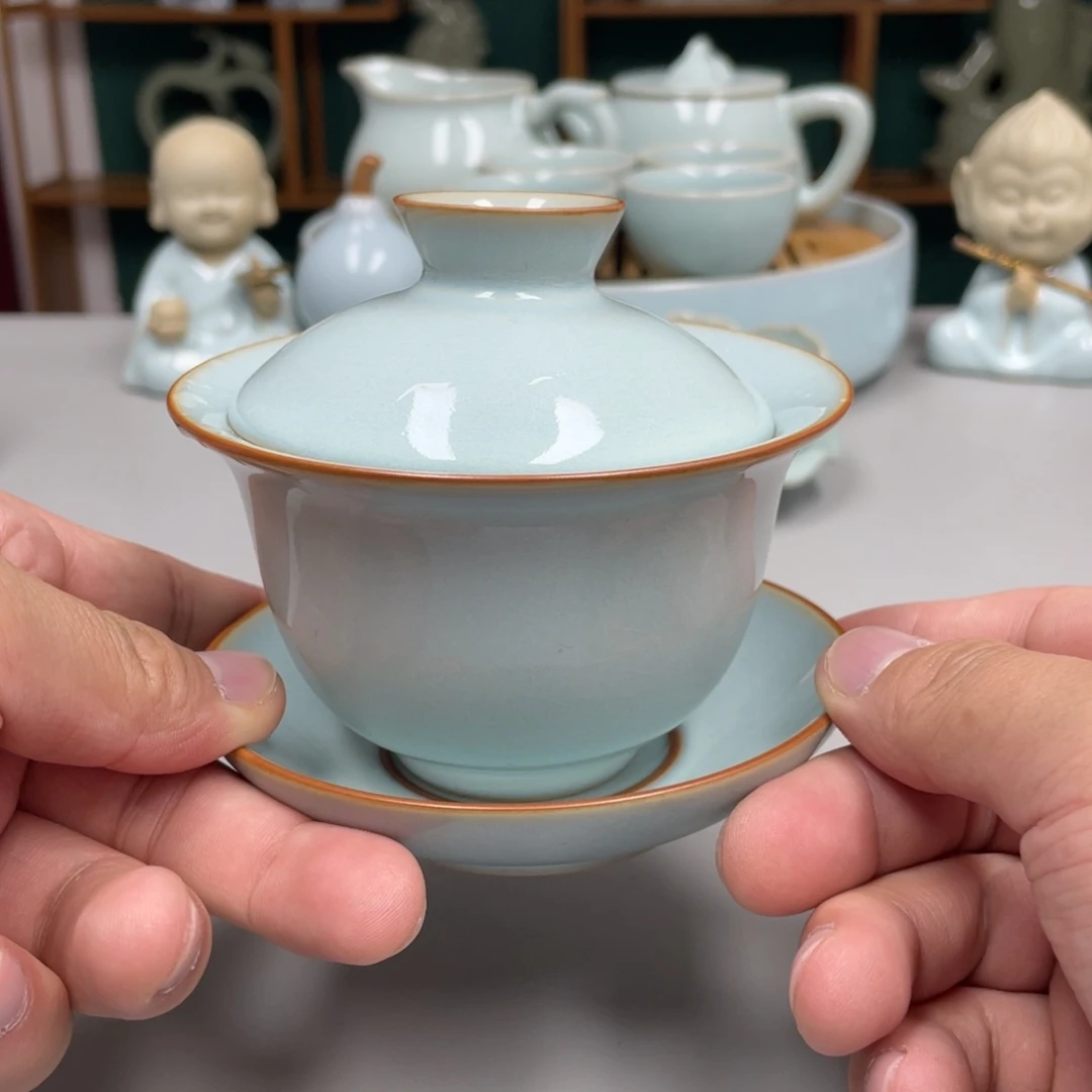 用***9瓷天青色三才元宝瑕盖碗张君老师