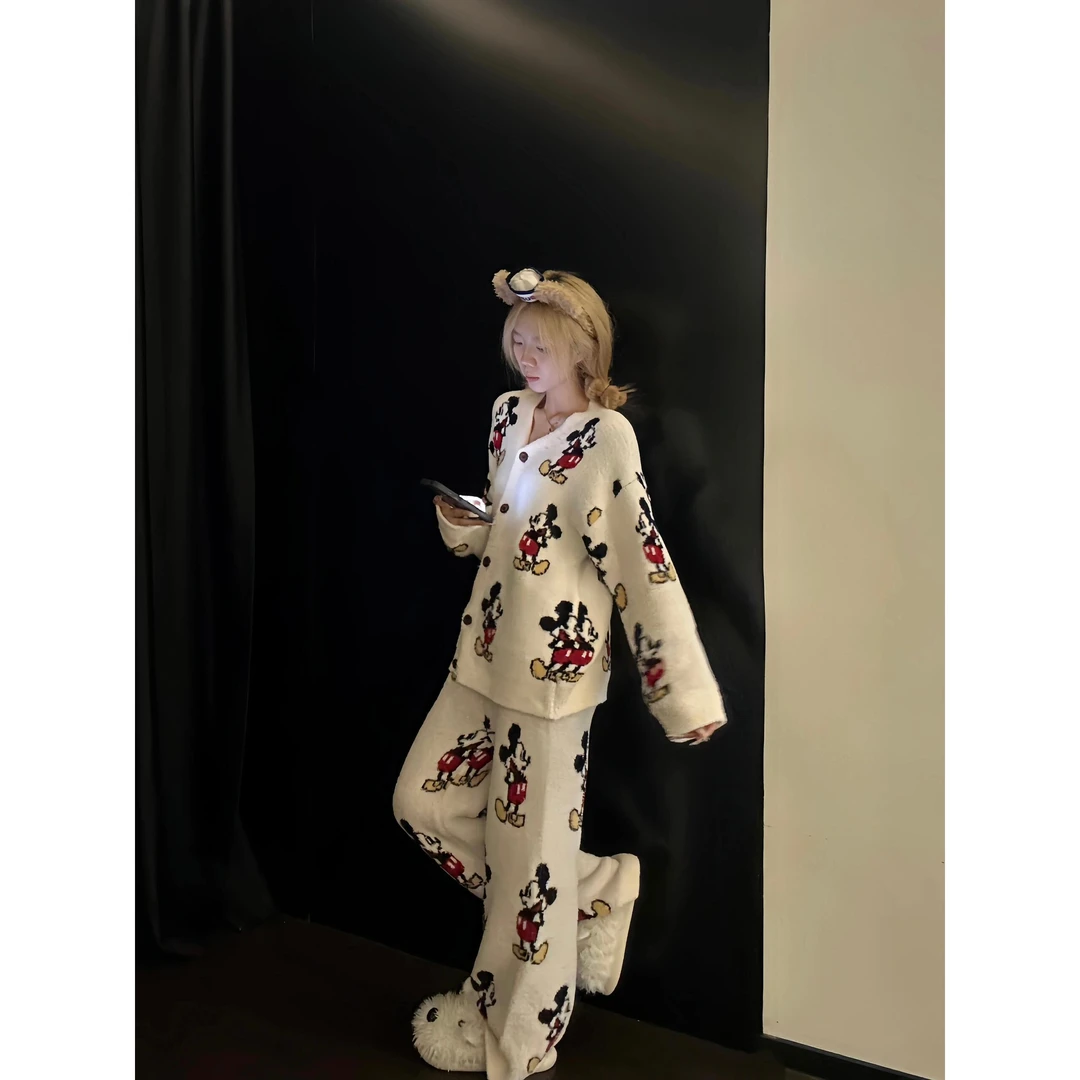 甜美可爱米奇针织半边绒睡衣女秋冬新款保暖加厚家居服套装可外穿