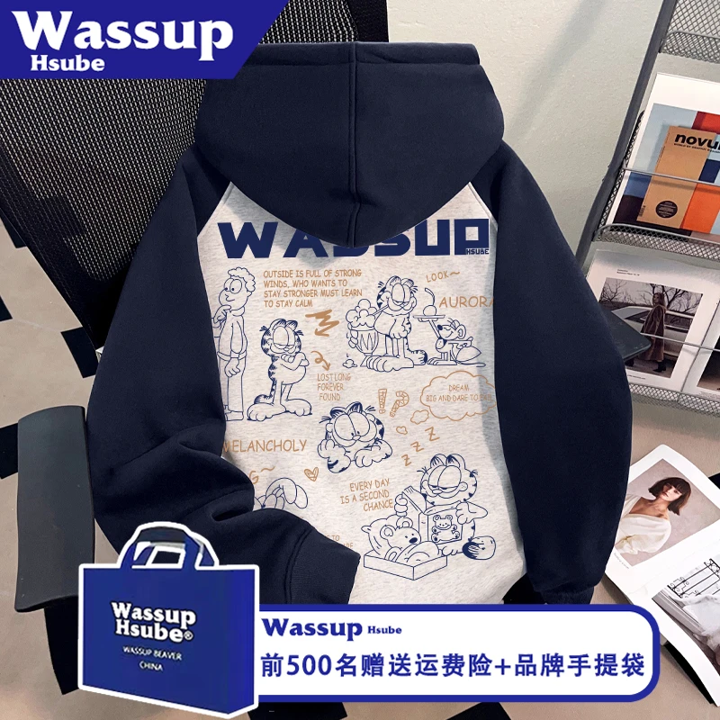 WASSUP HSUBE慵懒男女款插肩连帽卫衣美式趣味卡通印花秋插肩上衣