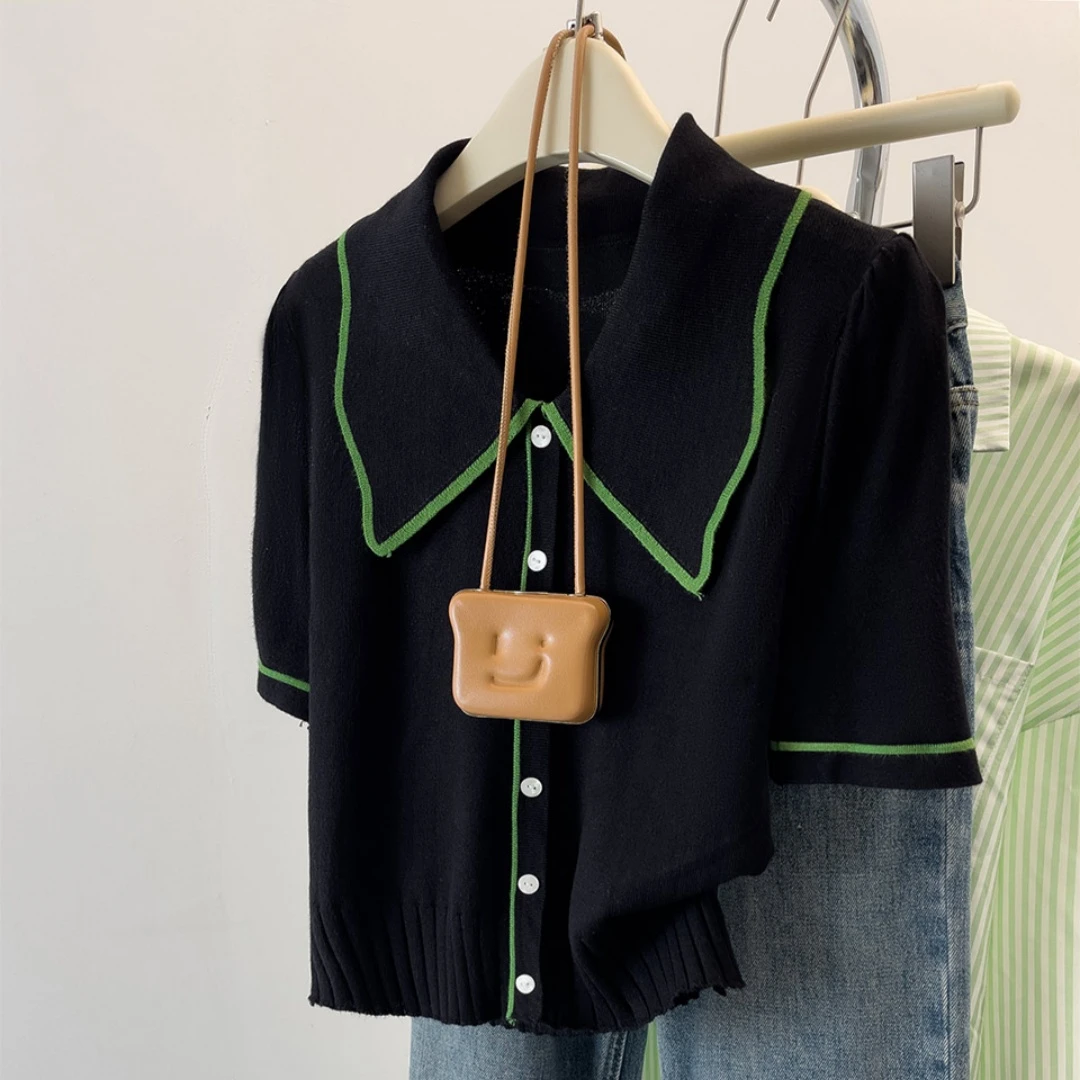 法式复古翻领针织衫女2025夏季新款设计感小众撞色Polo领短袖上衣