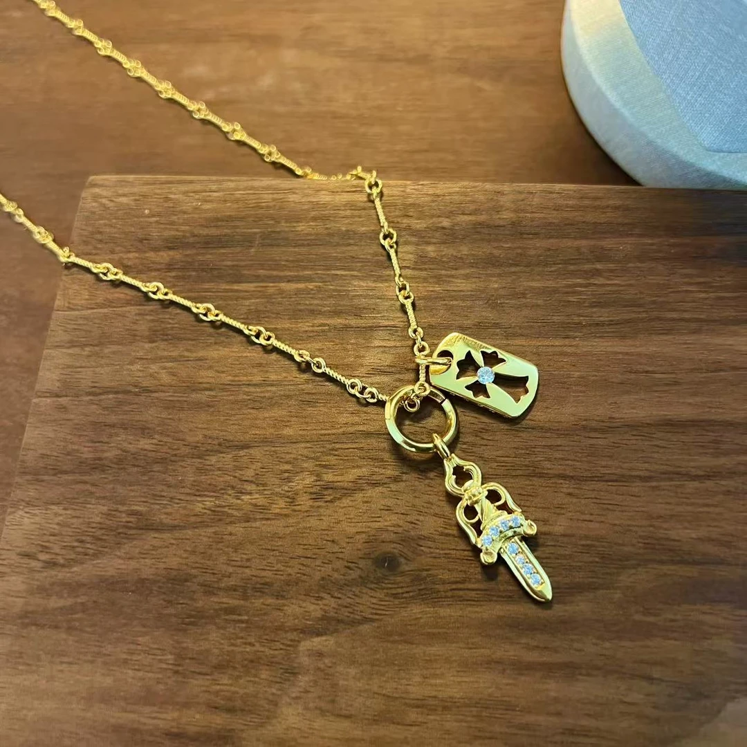 铜合金合成锆石项链 【金色宝剑】双十字架男女潮流高级感小众  KK