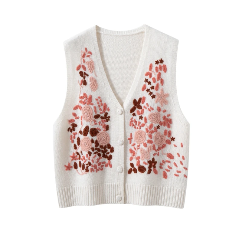 重工手工绣花100%山羊绒马夹开衫女士复古无袖马甲V领宽松RXF2536