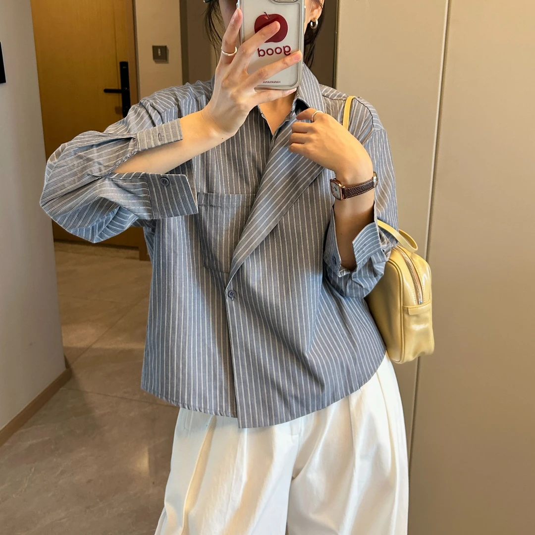 「设计感 不规则」色织条纹衬衫女 秋季韩版休闲小众长袖衬衣H628