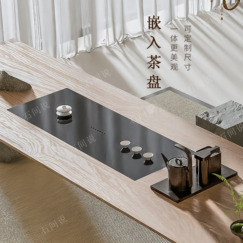 仁唐天然乌金石茶盘高端简约轻奢家用茶台抛光工艺镶嵌石茶盘小舟