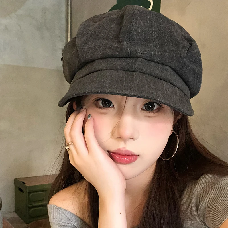 大头星球八角贝雷帽子女款2025新款显脸小画家报童帽