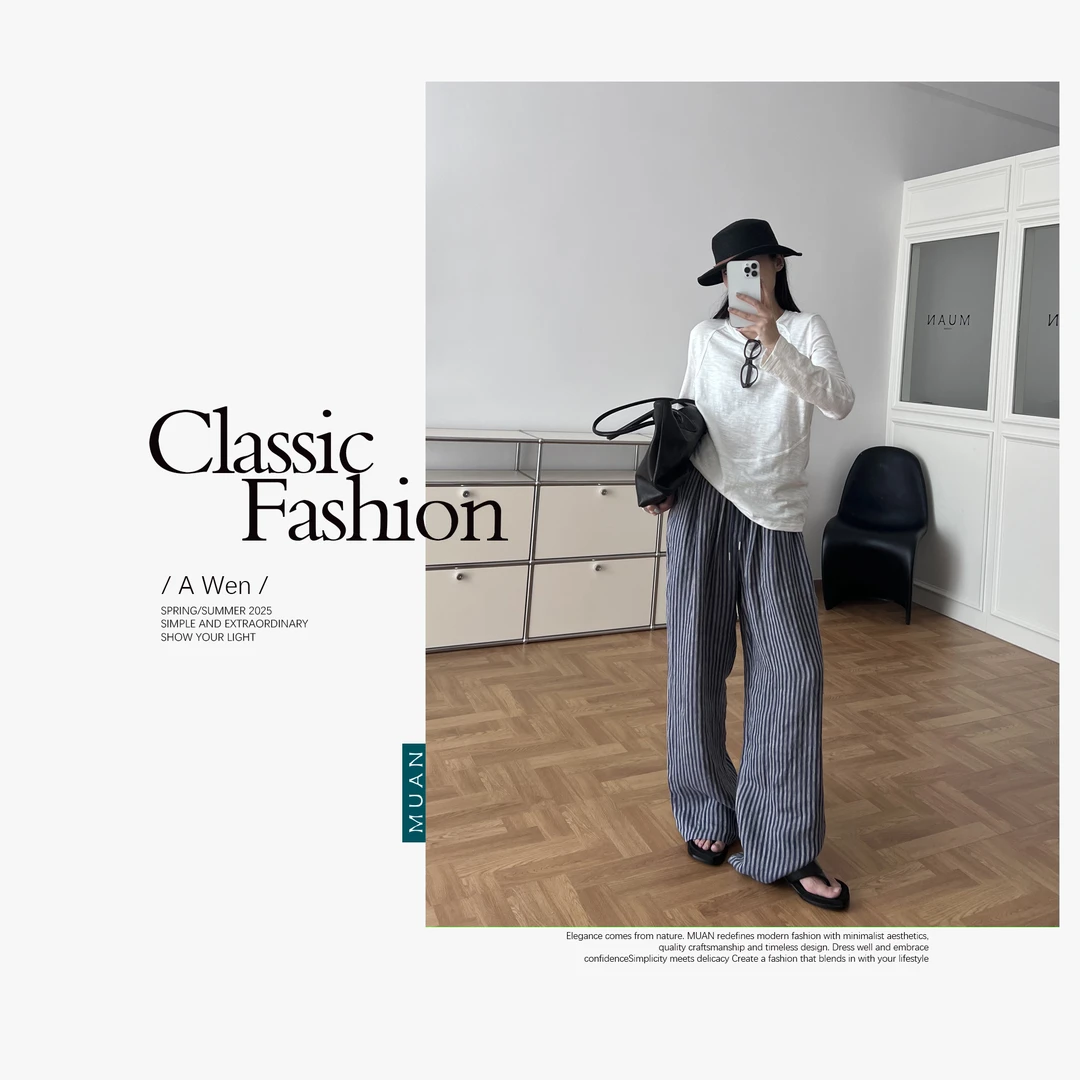 木岸MUAN：《三宅麻裤》“三宅系列”定制100亚麻条纹长裤女DS-9036