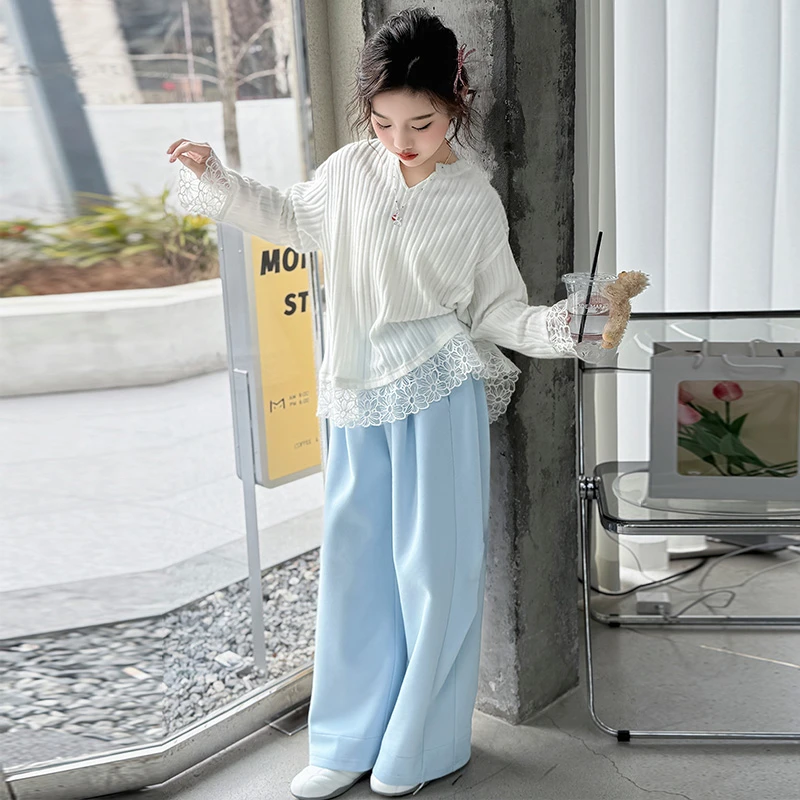 【酷哒仔】女童慵懒风蕾丝花边针织套装2025春秋中大童宽松两件套装