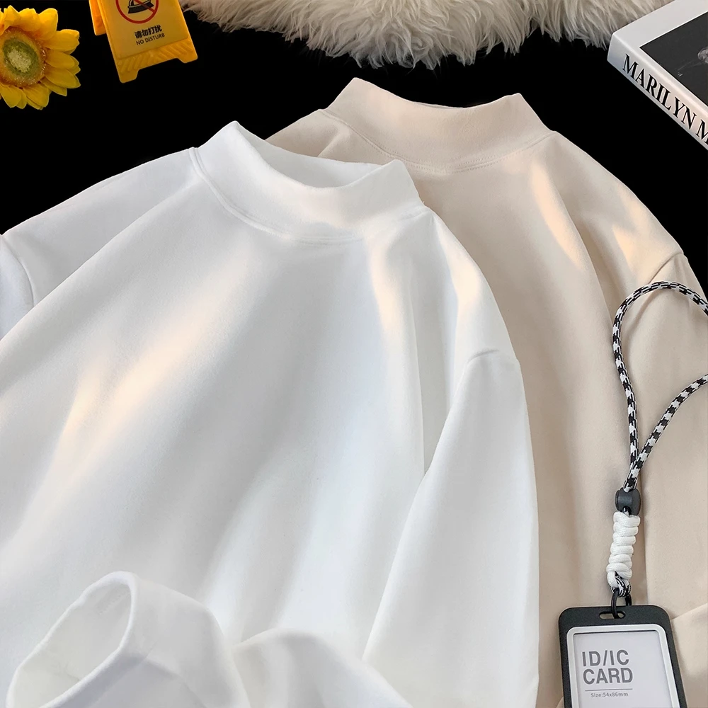 大码300斤简约纯色半高领内搭长袖T男女秋冬季宽松舒适保暖打底衫