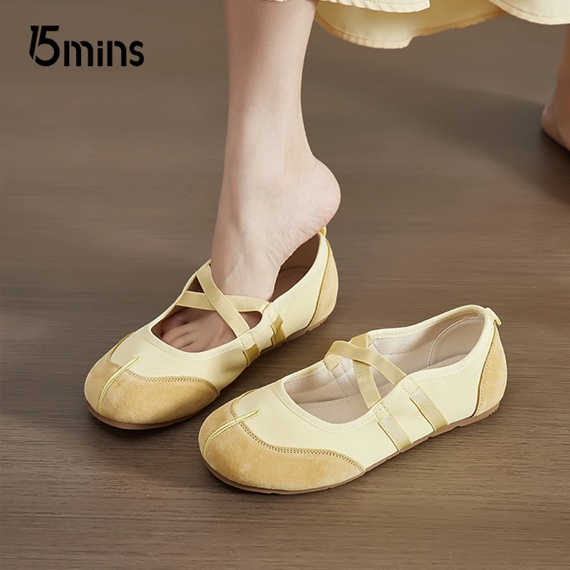 15MINS运动黄色芭蕾玛丽珍鞋女2025新款夏凉鞋配裙子平底单鞋